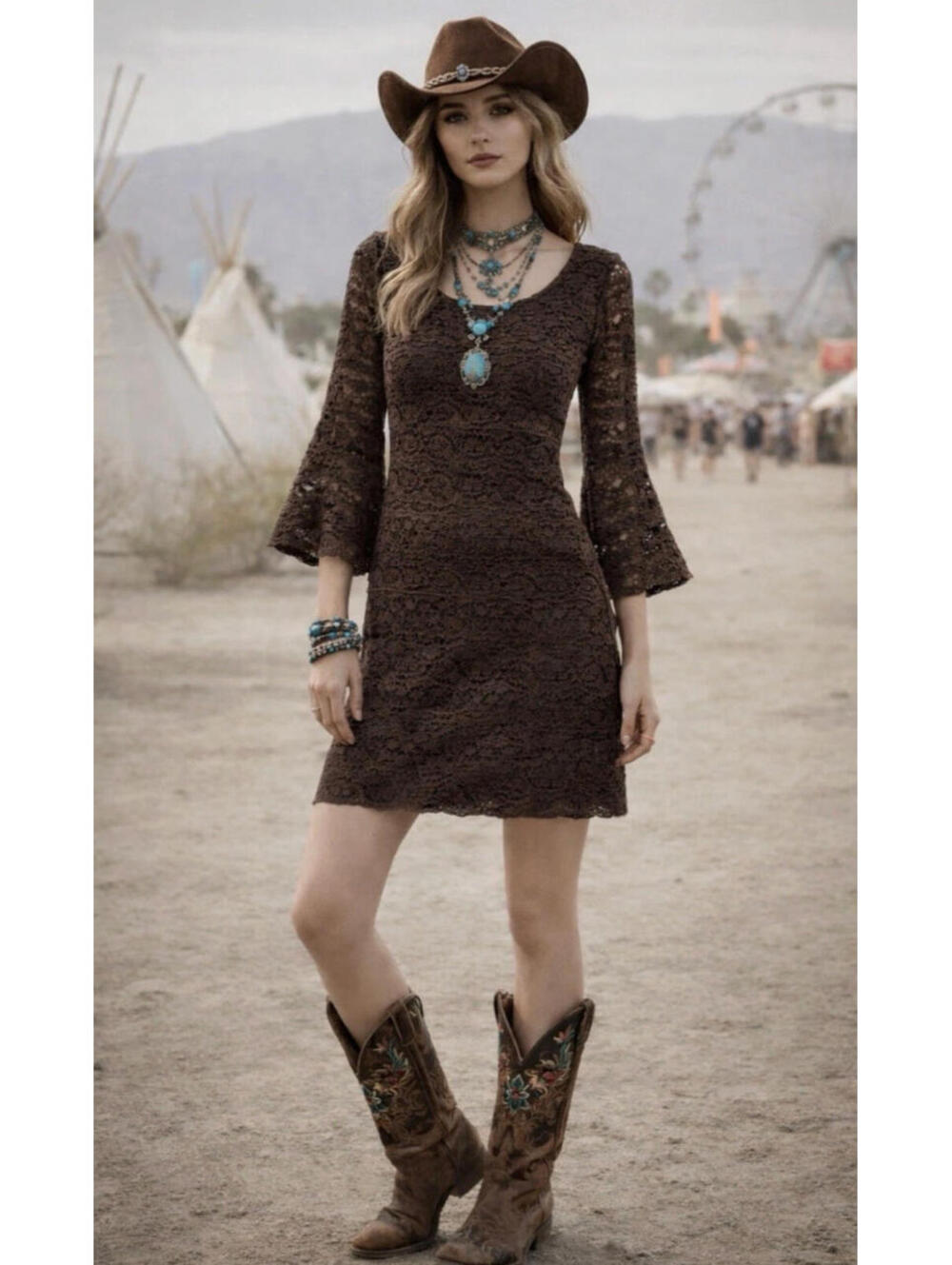 Wrangler lace bell sleeve mini brown western festival dress sz S‎ #3523